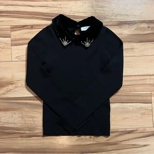 Sandro Paris Velvet Jeweled Collar Top Small Black
